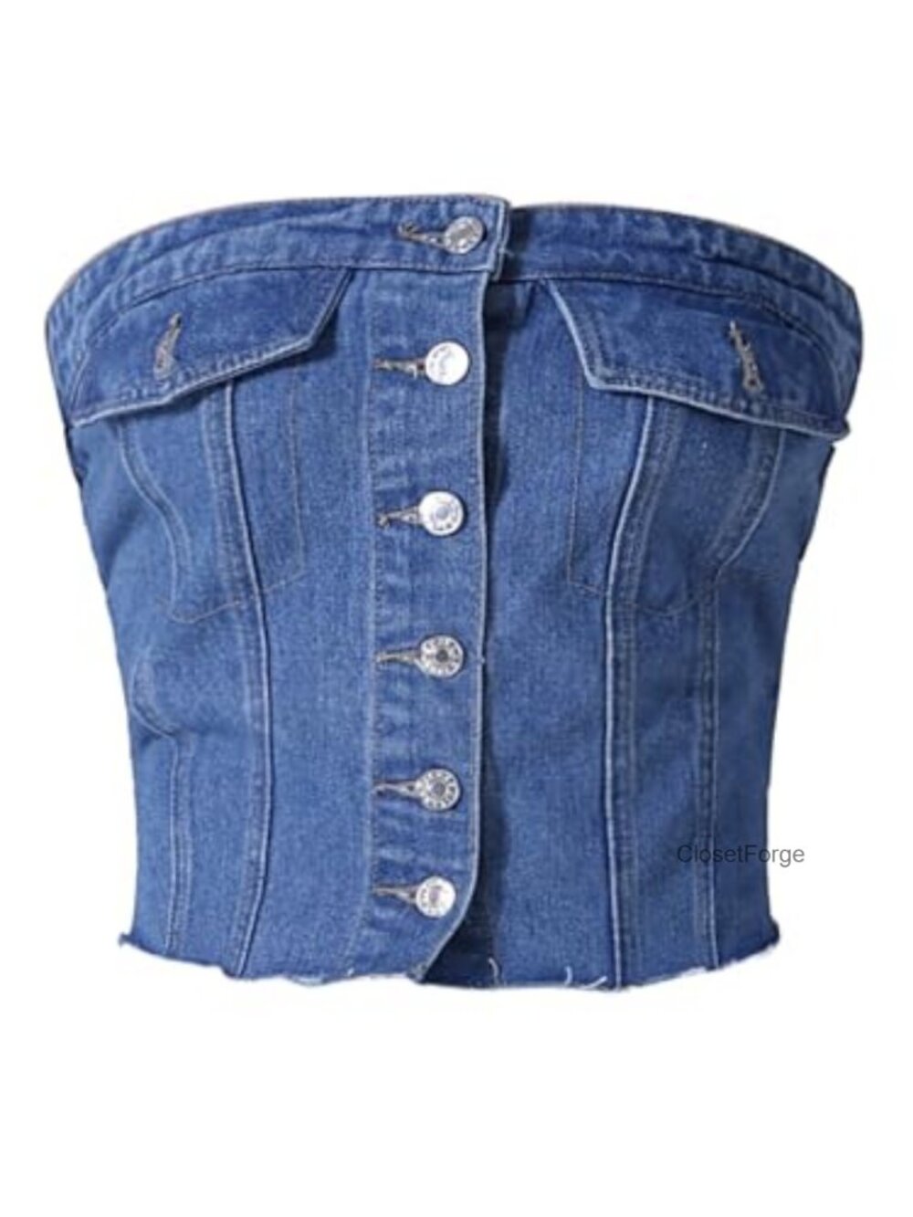 Denim Tube Top Button Front Raw Hem Smocked Crop Strapless Bandeau